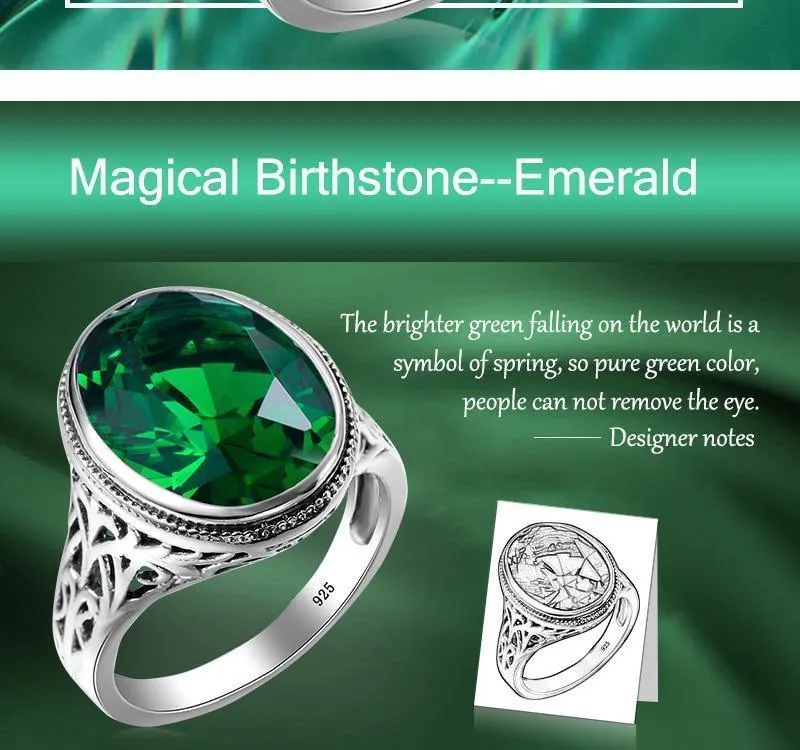 Handgefertigter Ring Hochzeitseinladungen Grüner Kristall 925 Sterling Silber Ringe für Frauen Männer Vintage Kleid Schmuck