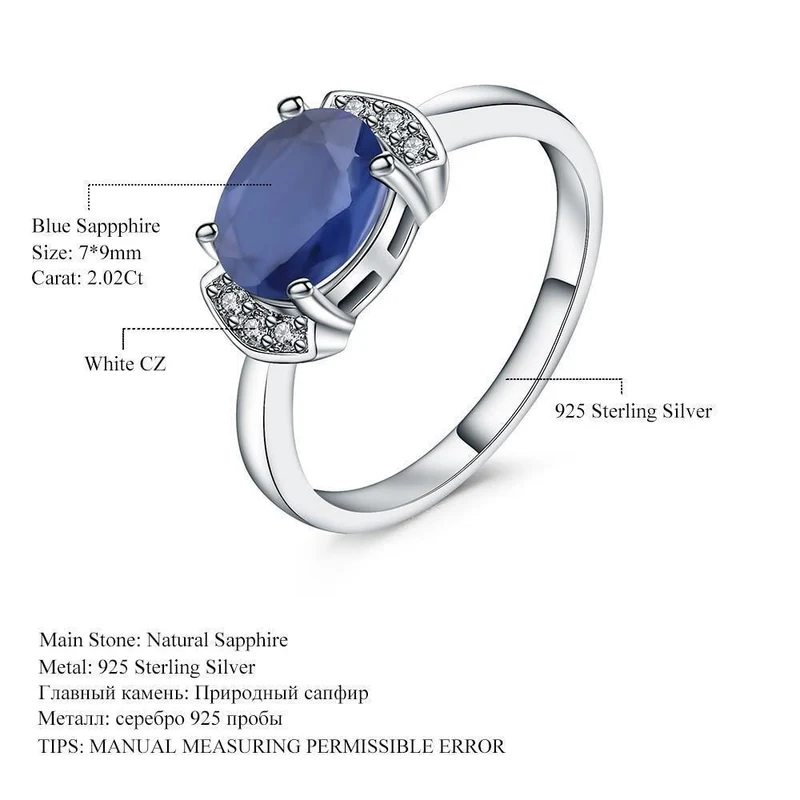 925 Sterling Silber Ring 2.02 Karat Klassischer natürlicher blauer Saphir Ringe für Frauen Verlobung Hochzeitsgeschenk Edler Schmuck