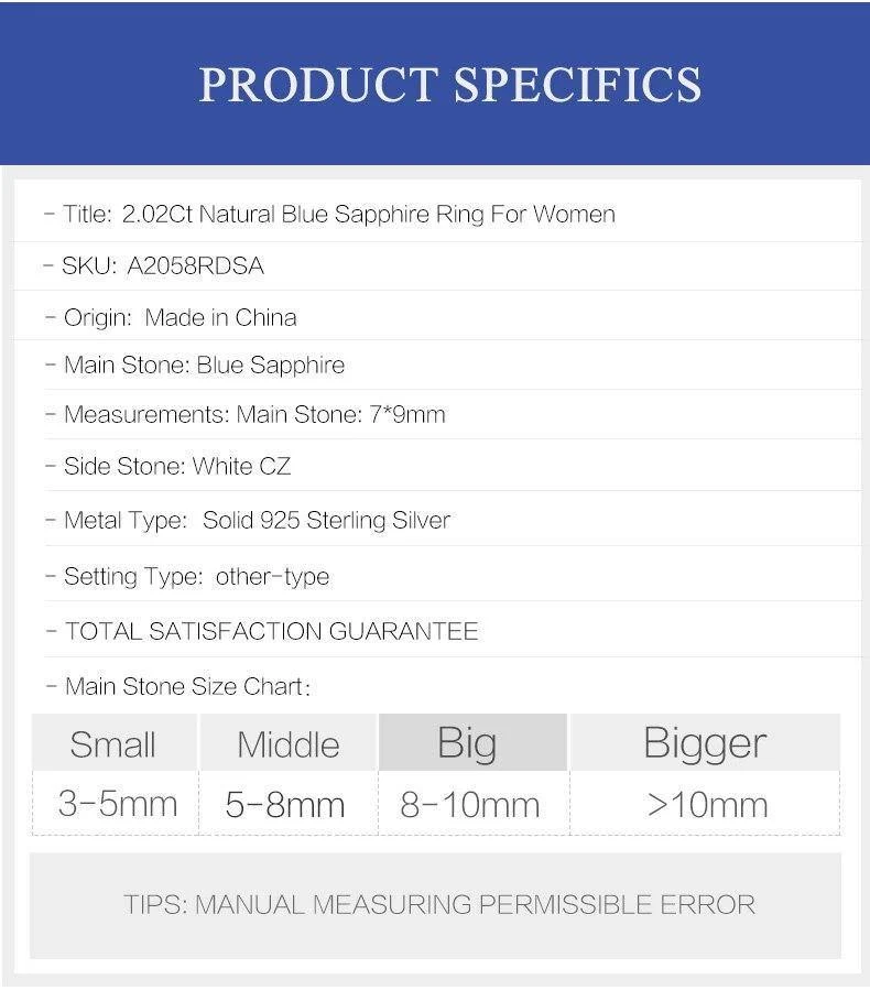 925 Sterling Silber Ring 2.02 Karat Klassischer natürlicher blauer Saphir Ringe für Frauen Verlobung Hochzeitsgeschenk Edler Schmuck