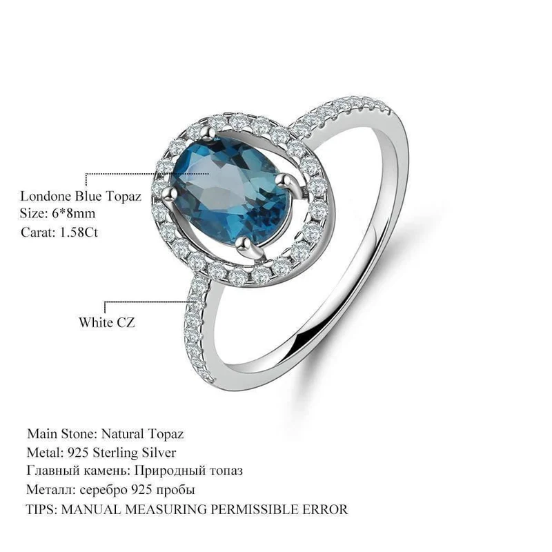 Natürlicher ovaler 1.5 Karat London-Blautopas 925 Sterling Silber Ehering Verlobungsringe für Frauen Marke Edler Schmuck