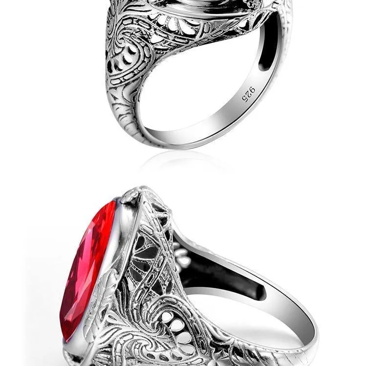 925 Sterling Silber Ring mit Rubinsteinen für Männer Vintage Kristall Mode Luxus Frauen Party Schmuck
