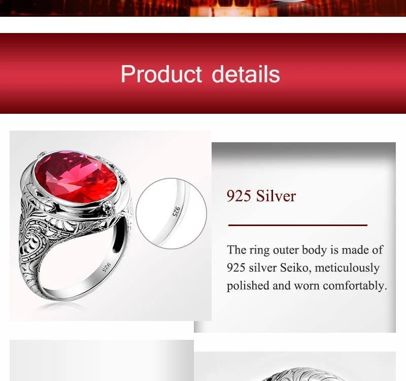 925 Sterling Silber Ring mit Rubinsteinen für Männer Vintage Kristall Mode Luxus Frauen Party Schmuck