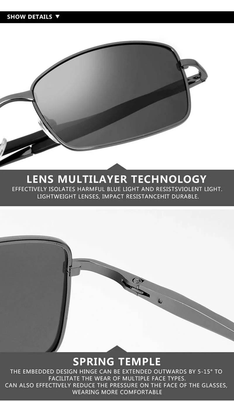 Markendesigner Fahren polarisierte Sonnenbrille Männer Rechteck Metall Sonnenbrille Brillenzubehör