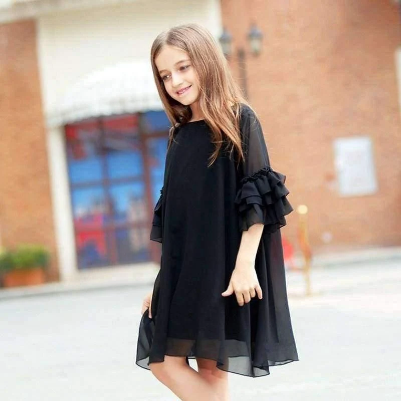 Girls Dress Age 10 12 years Summer Chiffon Dress Flare Sleeve Black Dress For Little Girl Size 6 7 8 9 Teenage Girls Clothes