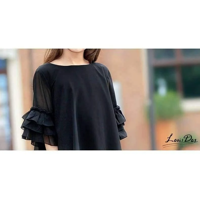 Girls Dress Age 10 12 years Summer Chiffon Dress Flare Sleeve Black Dress For Little Girl Size 6 7 8 9 Teenage Girls Clothes