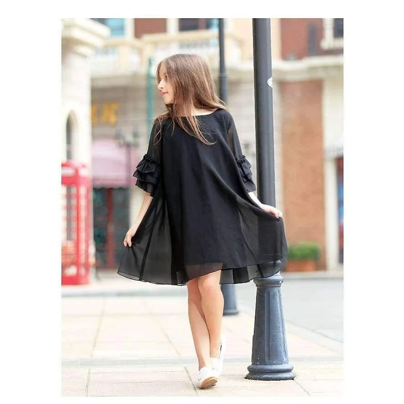 Girls Dress Age 10 12 years Summer Chiffon Dress Flare Sleeve Black Dress For Little Girl Size 6 7 8 9 Teenage Girls Clothes
