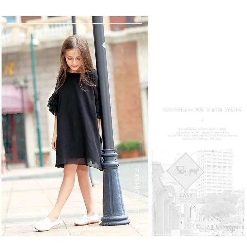 Girls Dress Age 10 12 years Summer Chiffon Dress Flare Sleeve Black Dress For Little Girl Size 6 7 8 9 Teenage Girls Clothes