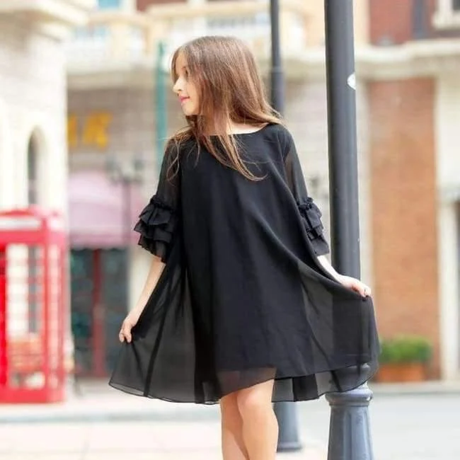 Girls Dress Age 10 12 years Summer Chiffon Dress Flare Sleeve Black Dress For Little Girl Size 6 7 8 9 Teenage Girls Clothes