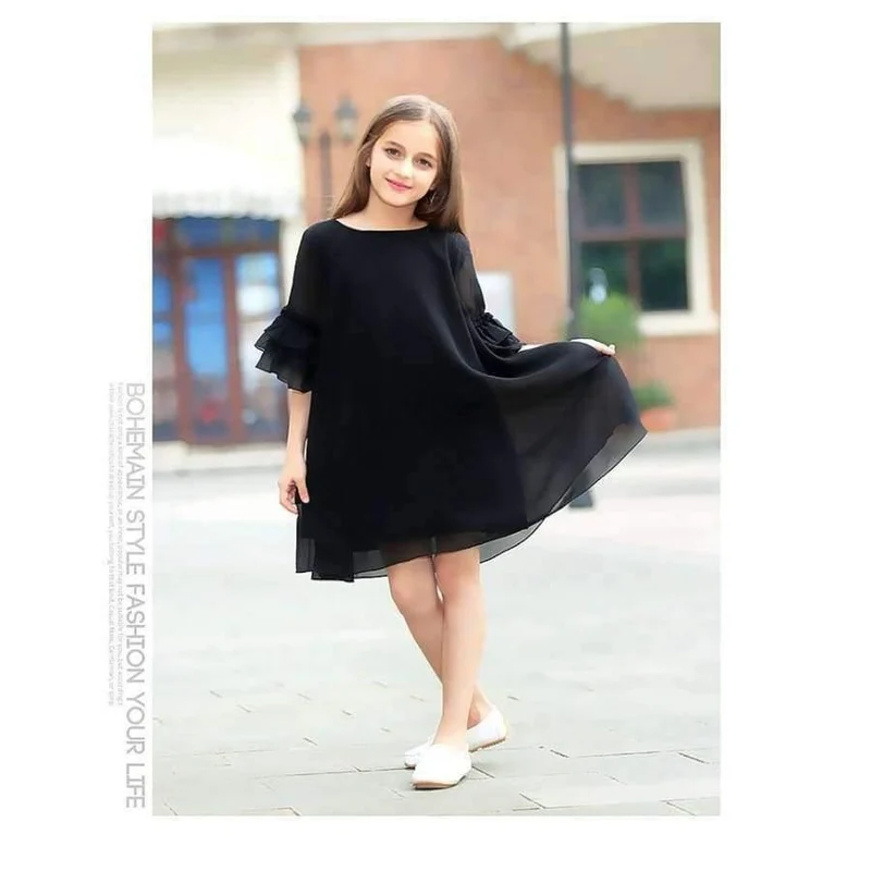 Girls Dress Age 10 12 years Summer Chiffon Dress Flare Sleeve Black Dress For Little Girl Size 6 7 8 9 Teenage Girls Clothes