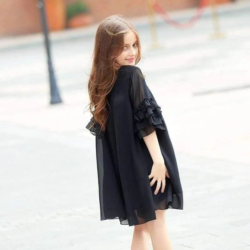 Girls Dress Age 10 12 years Summer Chiffon Dress Flare Sleeve Black Dress For Little Girl Size 6 7 8 9 Teenage Girls Clothes