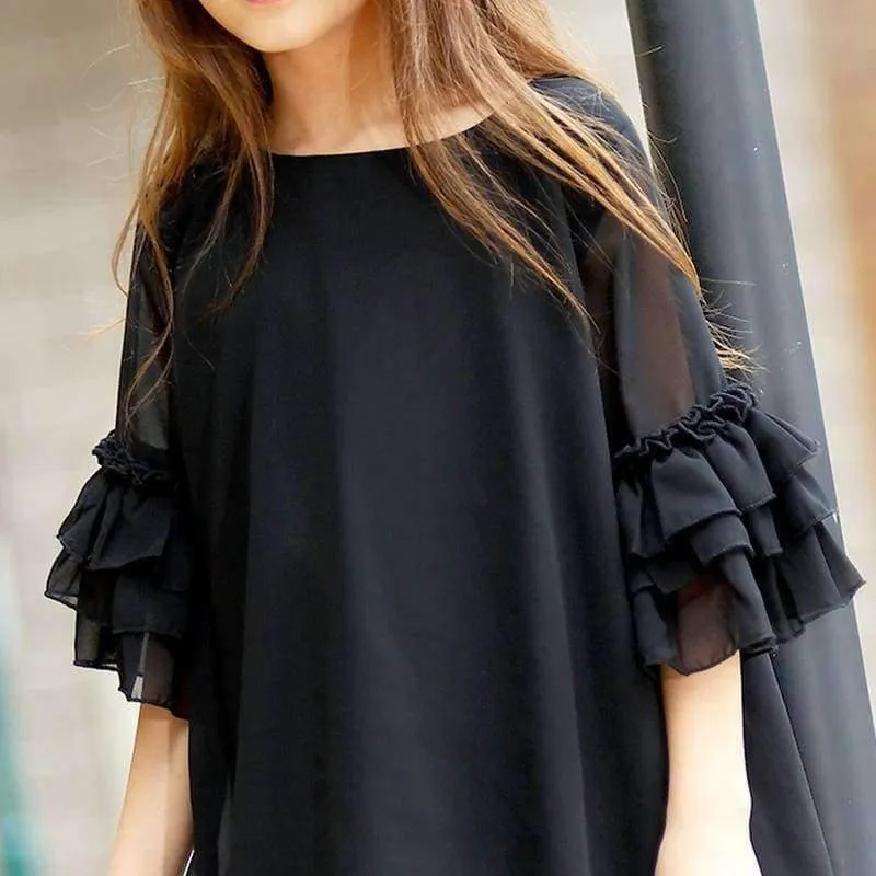 Girls Dress Age 10 12 years Summer Chiffon Dress Flare Sleeve Black Dress For Little Girl Size 6 7 8 9 Teenage Girls Clothes