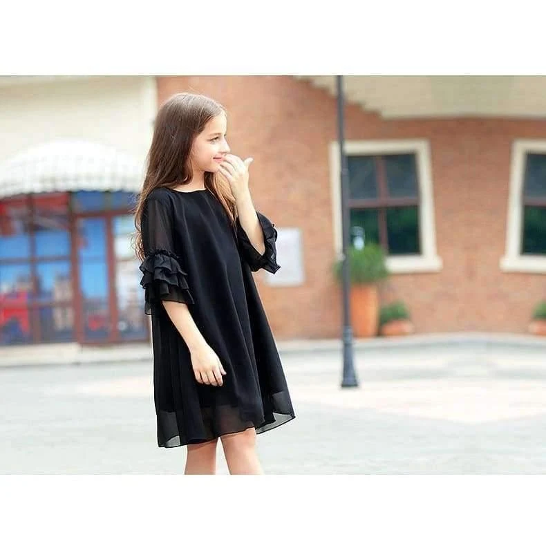 Girls Dress Age 10 12 years Summer Chiffon Dress Flare Sleeve Black Dress For Little Girl Size 6 7 8 9 Teenage Girls Clothes