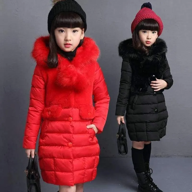Winter Big Girls Warm Thick Jacket Outwear Clothes Cotton Padded Kids Teenage Coat Children Faux Fur Hooded Parkas P28
