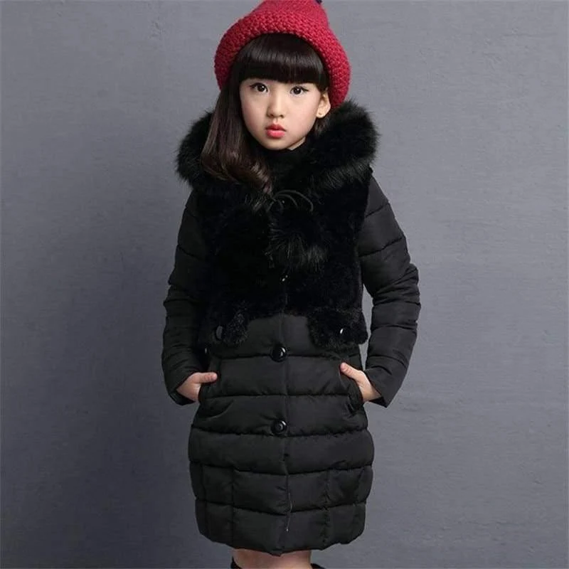 Winter Big Girls Warm Thick Jacket Outwear Clothes Cotton Padded Kids Teenage Coat Children Faux Fur Hooded Parkas P28