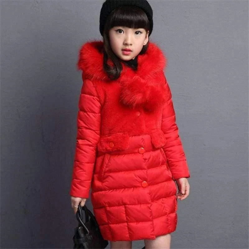 Winter Big Girls Warm Thick Jacket Outwear Clothes Cotton Padded Kids Teenage Coat Children Faux Fur Hooded Parkas P28
