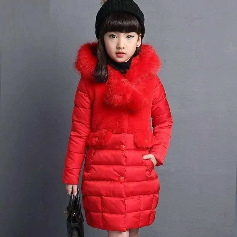 Winter Big Girls Warm Thick Jacket Outwear Clothes Cotton Padded Kids Teenage Coat Children Faux Fur Hooded Parkas P28