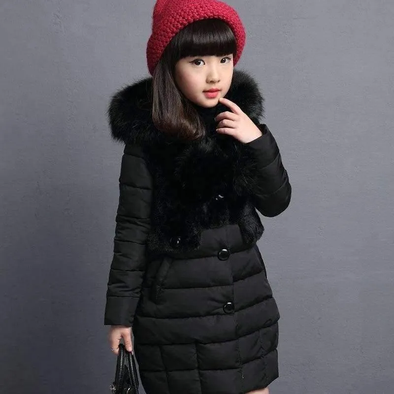 Winter Big Girls Warm Thick Jacket Outwear Clothes Cotton Padded Kids Teenage Coat Children Faux Fur Hooded Parkas P28