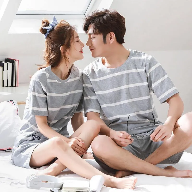 Gestreifte Pyjama-Sets aus Baumwolle für Paare, Schlafmantel und Hose, für Herren und Damen, Heimkleidung, Nachtwäsche, Liebhaber, Schlafen und Entspannen