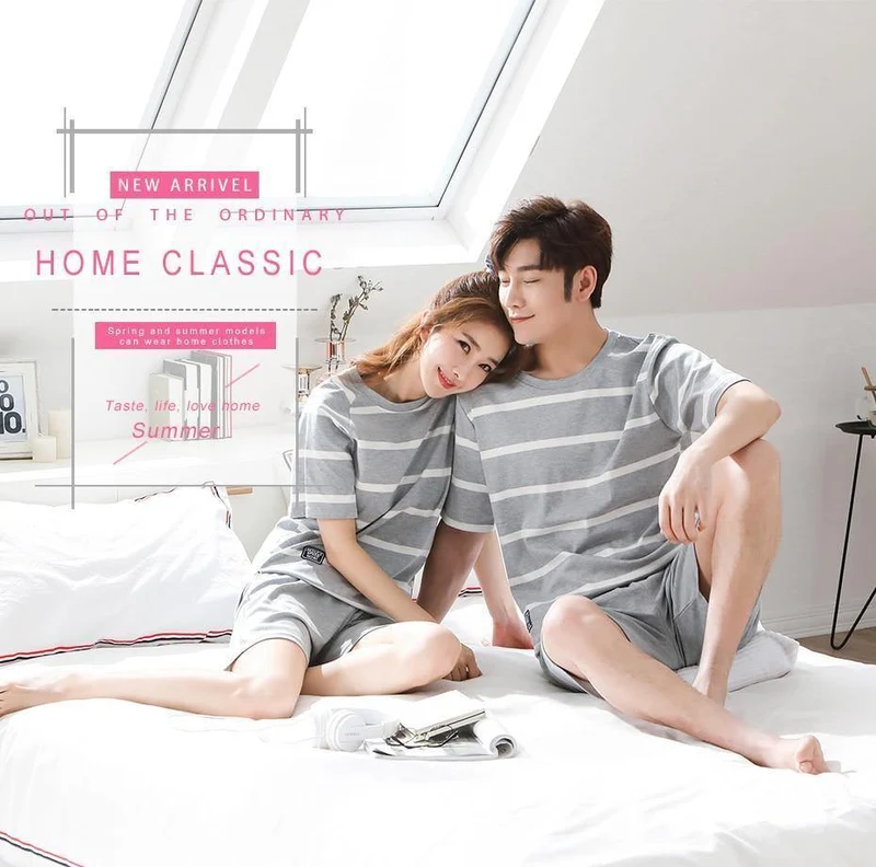Gestreifte Pyjama-Sets aus Baumwolle für Paare, Schlafmantel und Hose, für Herren und Damen, Heimkleidung, Nachtwäsche, Liebhaber, Schlafen und Entspannen