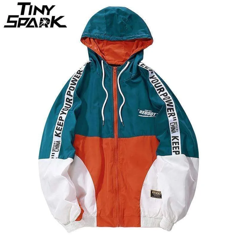 Herren-Windjacke mit Kapuze, Herbst, lässig, Vintage, Farbblock, lockere Kapuzenjacke