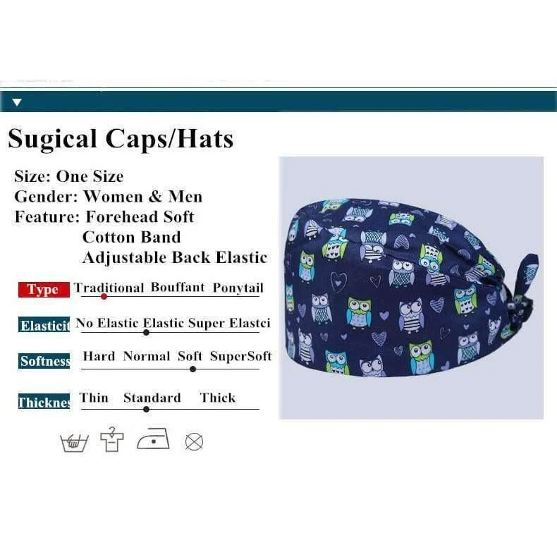100% Baumwolle Medical Scrubs Cap Eulendruck Nurse Doctor Caps Frauen Männer Arbeitshut Krankenhausbetrieb Beauty Spa Hut