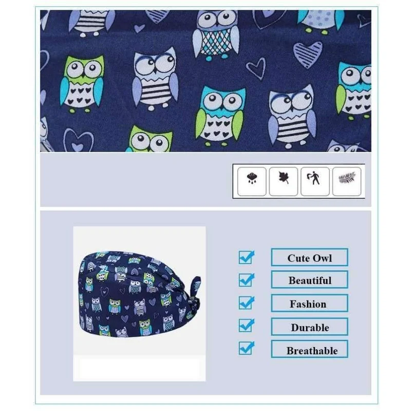 100% Baumwolle Medical Scrubs Cap Eulendruck Nurse Doctor Caps Frauen Männer Arbeitshut Krankenhausbetrieb Beauty Spa Hut