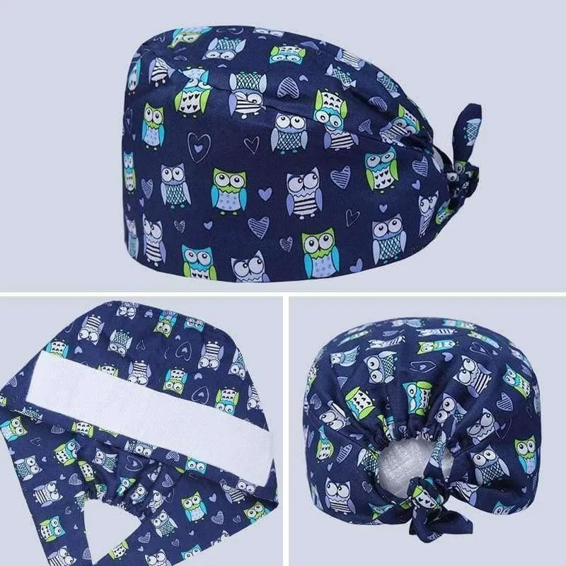 100% Baumwolle Medical Scrubs Cap Eulendruck Nurse Doctor Caps Frauen Männer Arbeitshut Krankenhausbetrieb Beauty Spa Hut