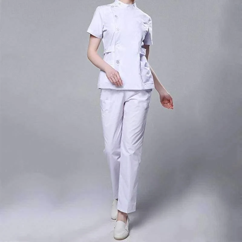 Krankenschwester der Frauen medizinische Kleidung Krankenhaus-chirurgische Klagen scheuert Krankenpflege-Uniformen-Schönheits-Salon-weiblichen kurzen Hülsen-Mantel + Pants