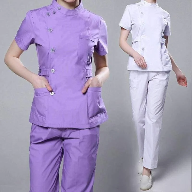 Krankenschwester der Frauen medizinische Kleidung Krankenhaus-chirurgische Klagen scheuert Krankenpflege-Uniformen-Schönheits-Salon-weiblichen kurzen Hülsen-Mantel + Pants