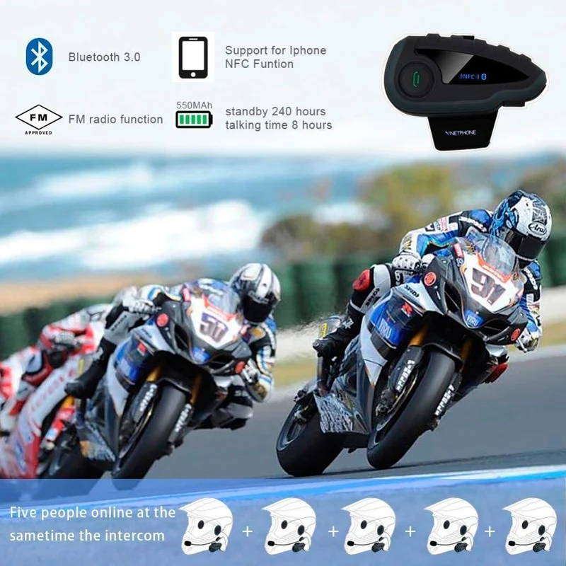 V8 Intercom 5-Way Bluetooth Motorradausrüstung Helm Headset FM Stereo MP3 NFC Fernbedienung Unterstützung Smartphone