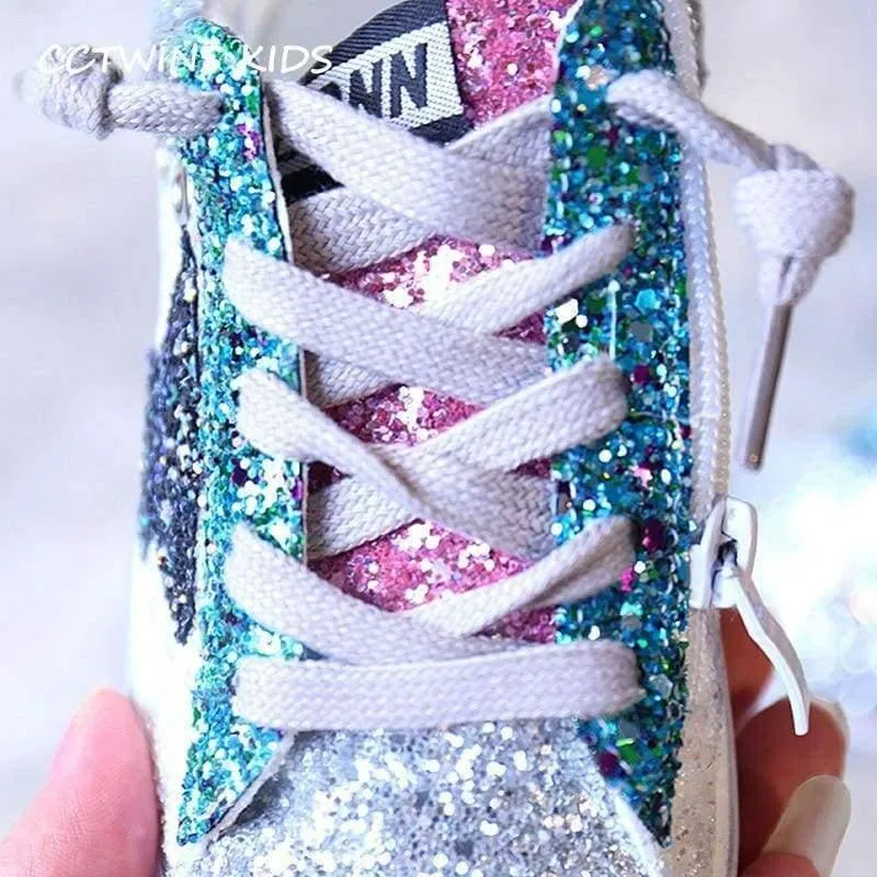 Toddler Baby Glittler Shoe Girl Star White Sneaker Boy Sport Shoe Kid Child Causal Trainer Sequin Flat F1550
