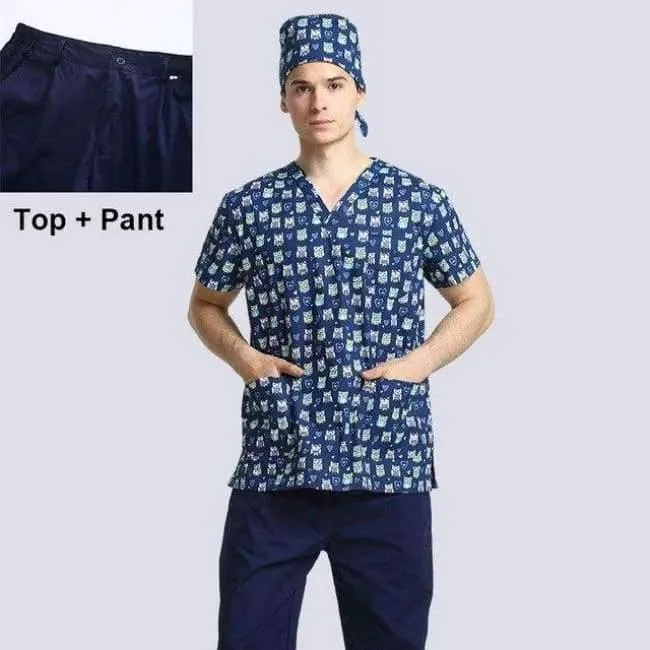 Krankenhauskleidung Mann Frau Medizin Peeling Top V-Ausschnitt Druckfarbe Pet Doctors Operation Top Uniformen Top und Hose 2pcs