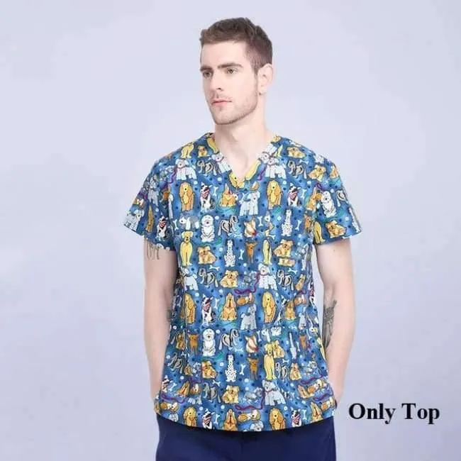 Krankenhauskleidung Mann Frau Medizin Peeling Top V-Ausschnitt Druckfarbe Pet Doctors Operation Top Uniformen Top und Hose 2pcs
