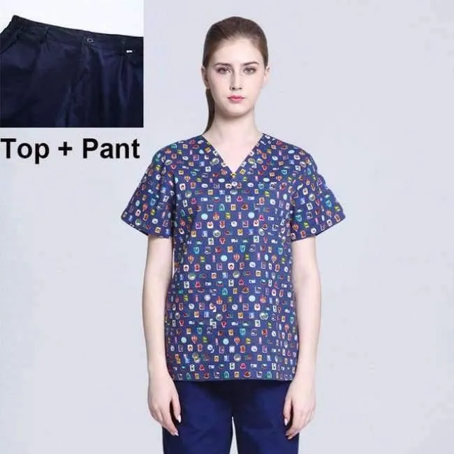 Krankenhauskleidung Mann Frau Medizin Peeling Top V-Ausschnitt Druckfarbe Pet Doctors Operation Top Uniformen Top und Hose 2pcs