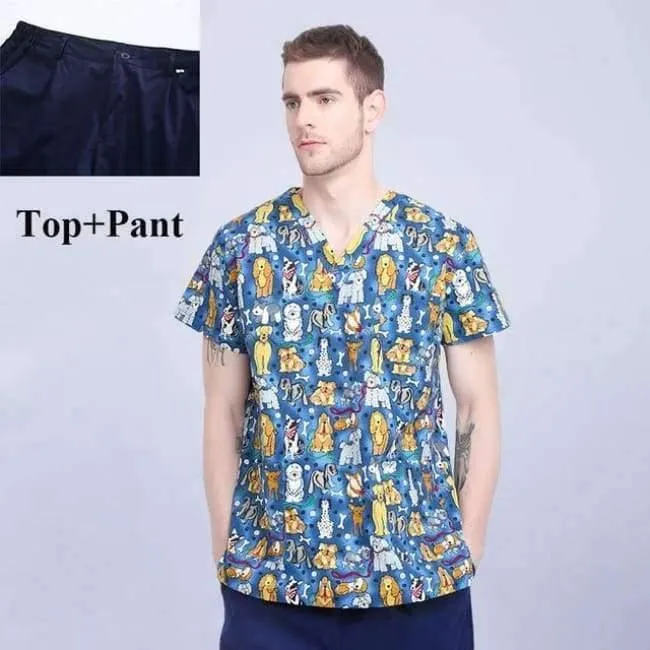 Krankenhauskleidung Mann Frau Medizin Peeling Top V-Ausschnitt Druckfarbe Pet Doctors Operation Top Uniformen Top und Hose 2pcs