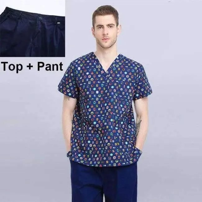 Krankenhauskleidung Mann Frau Medizin Peeling Top V-Ausschnitt Druckfarbe Pet Doctors Operation Top Uniformen Top und Hose 2pcs