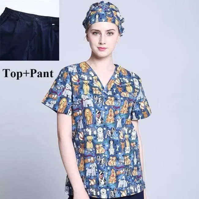 Krankenhauskleidung Mann Frau Medizin Peeling Top V-Ausschnitt Druckfarbe Pet Doctors Operation Top Uniformen Top und Hose 2pcs