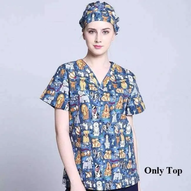 Krankenhauskleidung Mann Frau Medizin Peeling Top V-Ausschnitt Druckfarbe Pet Doctors Operation Top Uniformen Top und Hose 2pcs