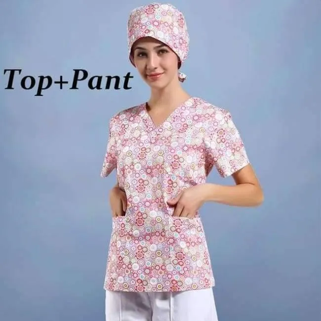 Krankenhauskleidung Mann Frau Medizin Peeling Top V-Ausschnitt Druckfarbe Pet Doctors Operation Top Uniformen Top und Hose 2pcs