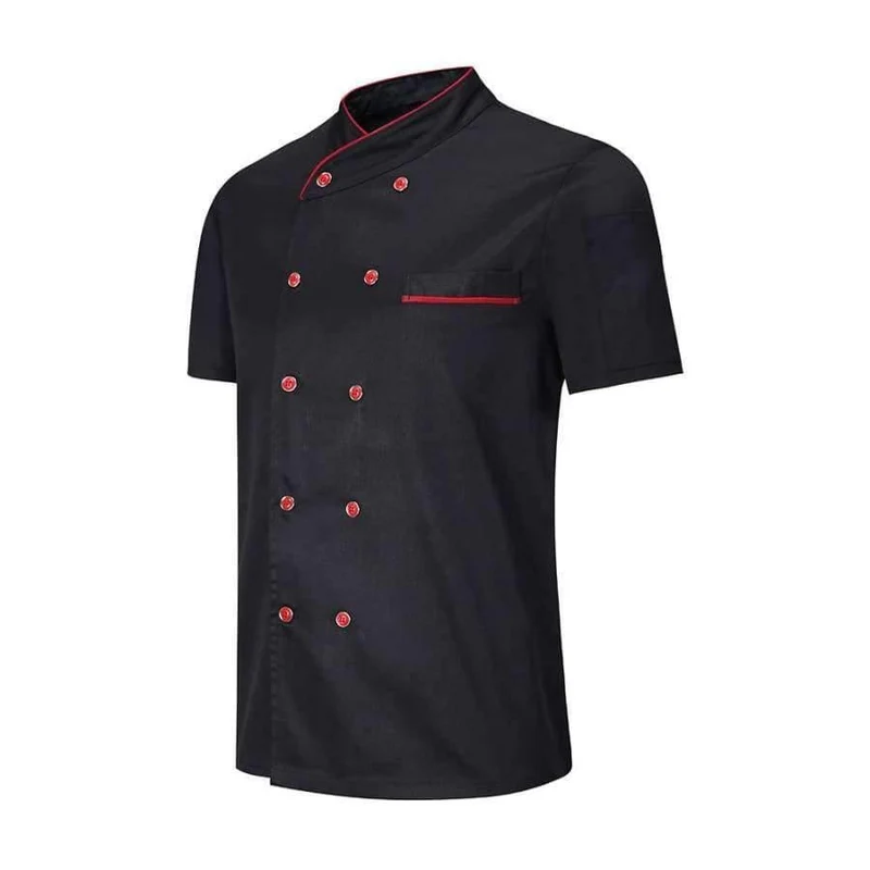 Schwarz weiß unisex küchenchef uniform kurzarm zweireiher koch tragen kochjacke & schürze bäckerei food service