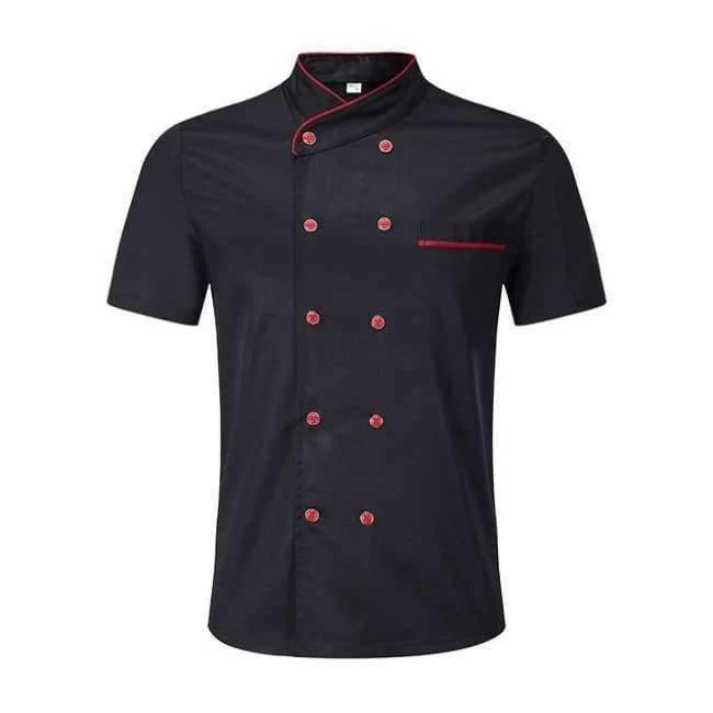 Schwarz weiß unisex küchenchef uniform kurzarm zweireiher koch tragen kochjacke & schürze bäckerei food service