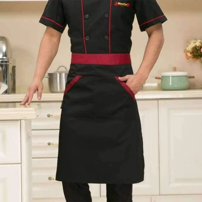 Schwarz weiß unisex küchenchef uniform kurzarm zweireiher koch tragen kochjacke & schürze bäckerei food service