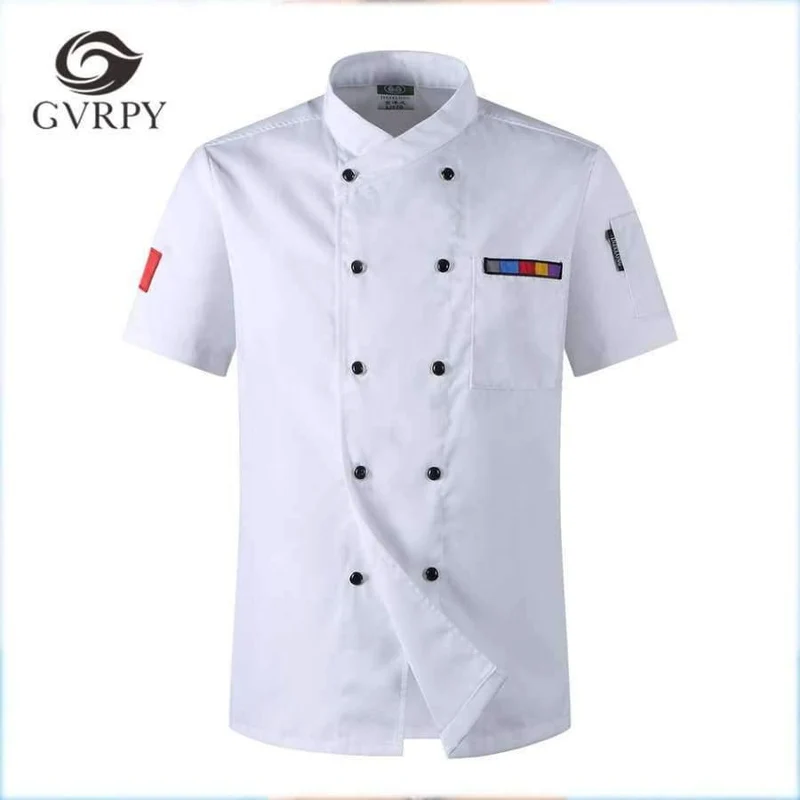 5 Farben Heißer Verkauf Unisex Küchenchef Uniformen Kurzarm Atmungsaktiv Zweireiher Jacken Food Services Kochen Hemd Schürze
