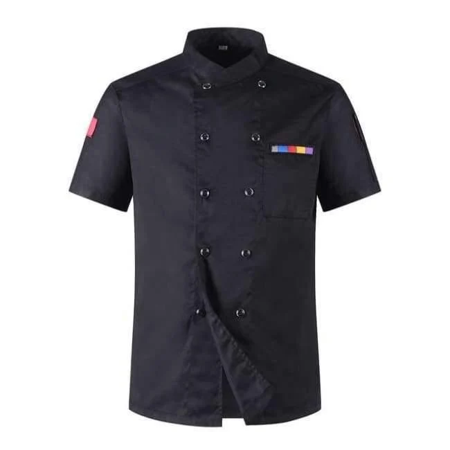 5 Farben Heißer Verkauf Unisex Küchenchef Uniformen Kurzarm Atmungsaktiv Zweireiher Jacken Food Services Kochen Hemd Schürze