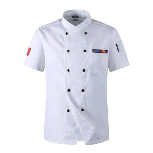 5 Farben Heißer Verkauf Unisex Küchenchef Uniformen Kurzarm Atmungsaktiv Zweireiher Jacken Food Services Kochen Hemd Schürze