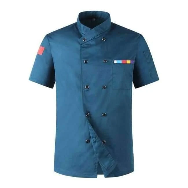 5 Farben Heißer Verkauf Unisex Küchenchef Uniformen Kurzarm Atmungsaktiv Zweireiher Jacken Food Services Kochen Hemd Schürze