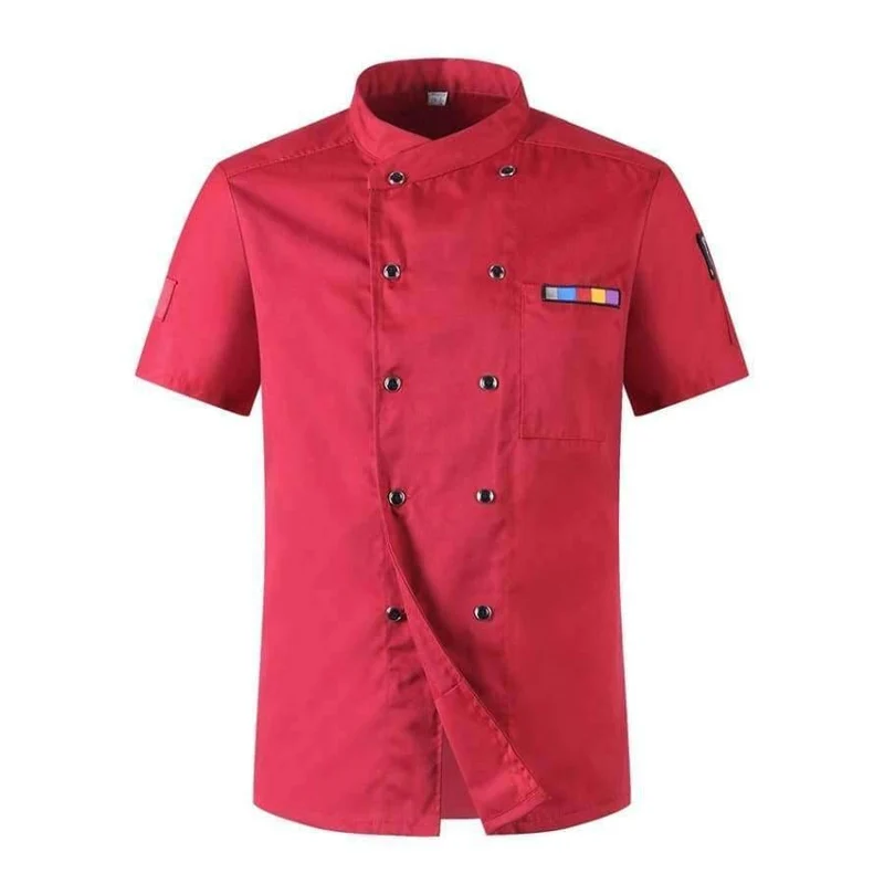 5 Farben Heißer Verkauf Unisex Küchenchef Uniformen Kurzarm Atmungsaktiv Zweireiher Jacken Food Services Kochen Hemd Schürze
