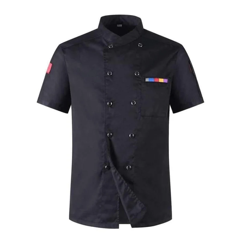 5 Farben Heißer Verkauf Unisex Küchenchef Uniformen Kurzarm Atmungsaktiv Zweireiher Jacken Food Services Kochen Hemd Schürze
