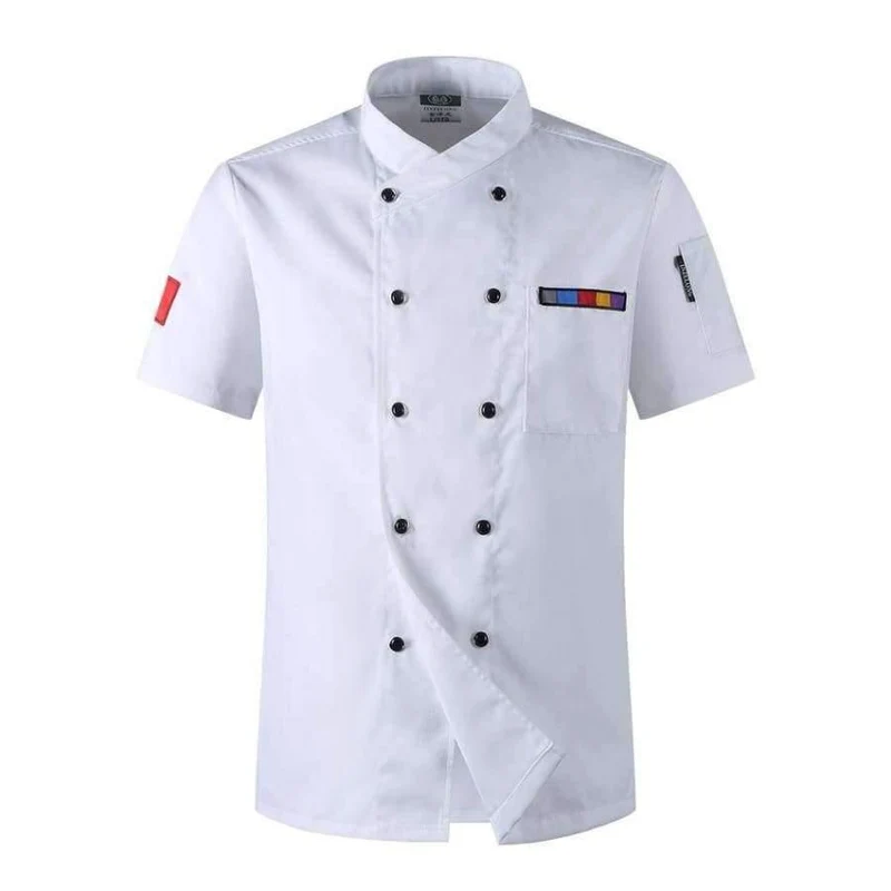 5 Farben Heißer Verkauf Unisex Küchenchef Uniformen Kurzarm Atmungsaktiv Zweireiher Jacken Food Services Kochen Hemd Schürze