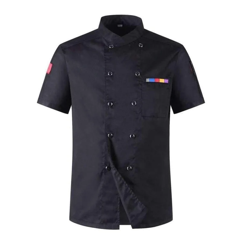 5 Farben Heißer Verkauf Unisex Küchenchef Uniformen Kurzarm Atmungsaktiv Zweireiher Jacken Food Services Kochen Hemd Schürze